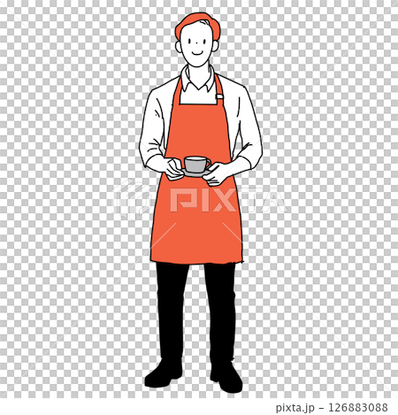 一位男咖啡館員工端著咖啡的插圖（全身，穿著圍裙） 126883088