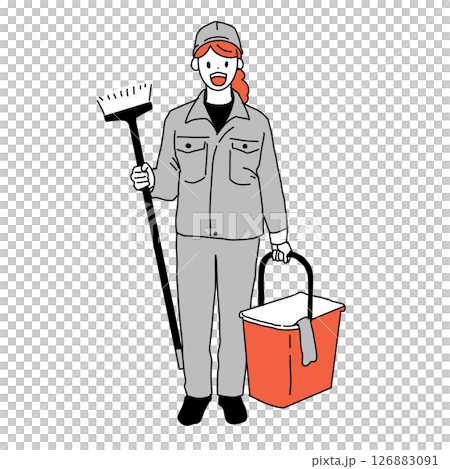 一名清潔人員拿著水桶和拖把的插圖 126883091