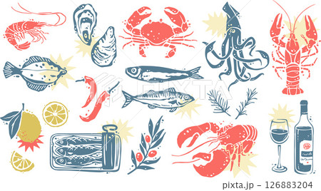 Seafood Creatures Isolated Design Set 126883204