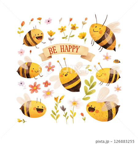 Cheerful bees gathering flowers in a playful garden setting, bringing joy and positivity to all Cheerful bees gathering flowers in a playful garden setting, bringing joy and positivity to all 126883255