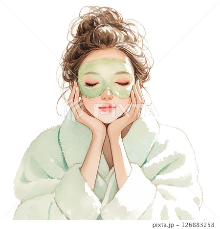 Woman enjoying a facial treatment with cucumber slices and a spa robe in a relaxing atmosphere 126883258