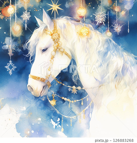 Majestic white horse adorned with golden decorations in a dreamy winter landscape under twinkling lights Majestic white horse adorned with golden decorations in a dreamy winter landscape under twinkling lights 126883268
