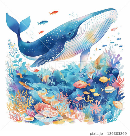 Colorful underwater scene with a majestic whale swimming through vibrant coral reefs and tropical fish in a tranquil ocean environment 126883269