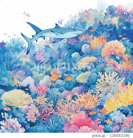 Colorful coral reef ecosystem with a shark swimming gracefully in crystal clear water Colorful coral reef ecosystem with a shark swimming gracefully in crystal clear water 126883290