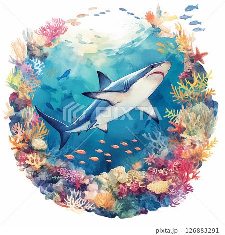 Colorful coral reef ecosystem with a shark swimming gracefully in crystal clear water 126883291