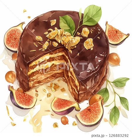 Delicious fig cake slice with rich chocolate icing and fresh figs garnishing the plate at a dessert shop 126883292