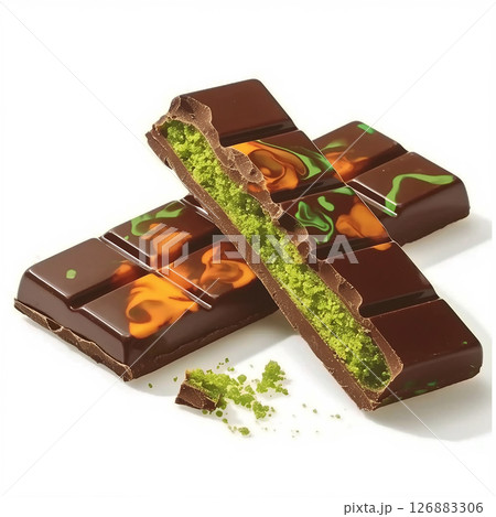 Unique Dubai chocolate bar with vibrant green and orange designs showcasing an innovative treat made with matcha flavor 126883306