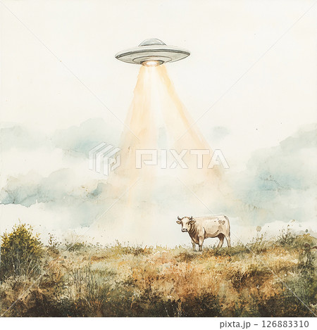 Strange encounter in a field as a UFO hovers above a cow during twilight 126883310