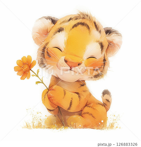 Cute tiger cub holds a colorful flower while sitting on green grass with a cheerful expression 126883326