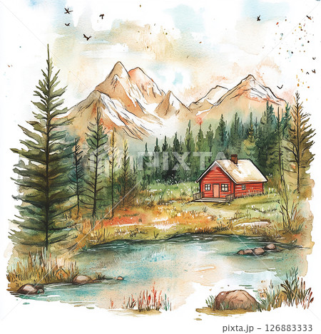 Beautiful red cabin by the serene lake with mountains in the background during a calm day Beautiful red cabin by the serene lake with mountains in the background during a calm day 126883333