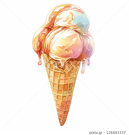Colorful ice cream cone with three scoops on a sunny day at a local dessert shop Colorful ice cream cone with three scoops on a sunny day at a local dessert shop 126883337
