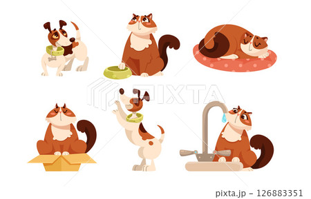 Delightful and playful illustrations of cats and dogs showcasing various adorable poses and scenes 126883351