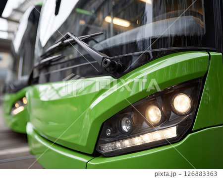 Green electric bus with modern design parked in urban transit station showcasing innovative transport 126883363