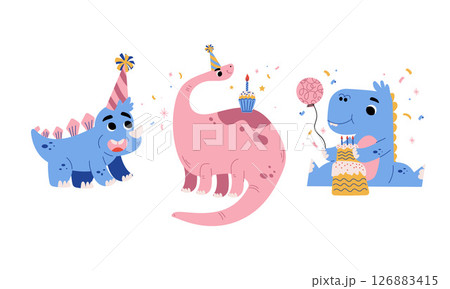 A group of playful dinosaurs is celebrating a wonderfully fun and exciting birthday party A group of playful dinosaurs is celebrating a wonderfully fun and exciting birthday party 126883415