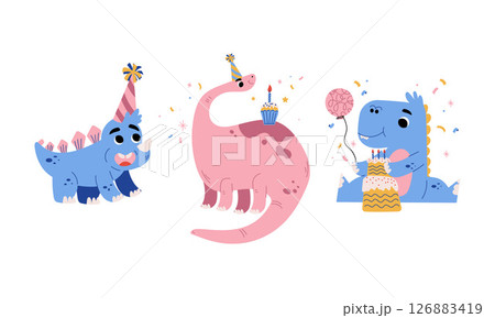 A Group of Colorful Cartoon Dinosaurs Having a Fun and Joyful Birthday Party Celebration 126883419