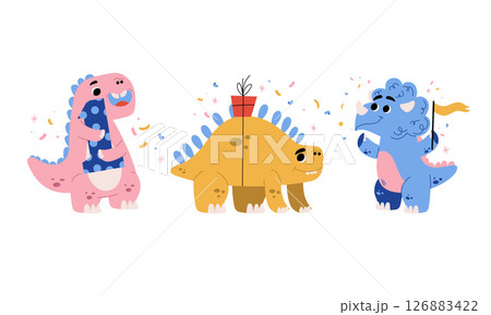 Cartoon Dinosaurs Joyfully Celebrating with Colorful Party Hats and Confetti in the Air Cartoon Dinosaurs Joyfully Celebrating with Colorful Party Hats and Confetti in the Air 126883422