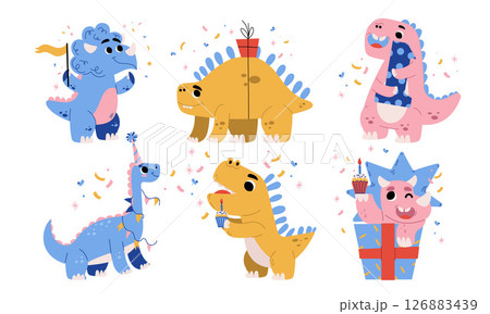 A group of Colorful Cartoon Dinosaurs joyfully Celebrating with fun Party Hats together 126883439