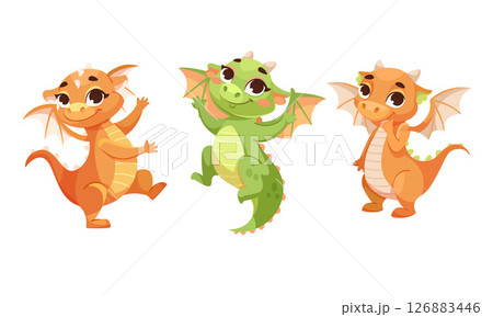 Charming and Cute Cartoon Dragons in Various Playful Poses for Children and Imagination Charming and Cute Cartoon Dragons in Various Playful Poses for Children and Imagination 126883446