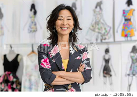 Fashion designer smiling with crossed arms in her studio 126883685