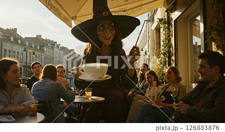 街のカフェにいる鷲鼻魔女のカフェラテ 126883876