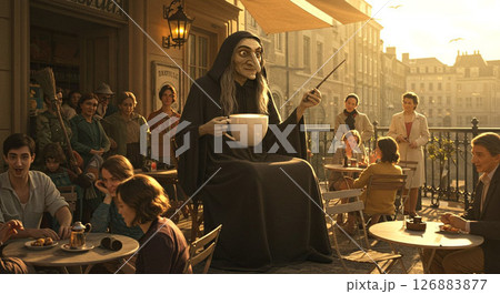 街のカフェにいる鷲鼻魔女のカフェラテ 126883877