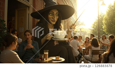 街のカフェにいる鷲鼻魔女のカフェラテ 126883878