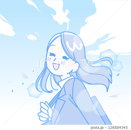 青空の下で笑顔のスーツ姿の女性 126884343