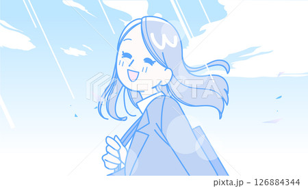 青空の下で笑顔のスーツ姿の女性 126884344