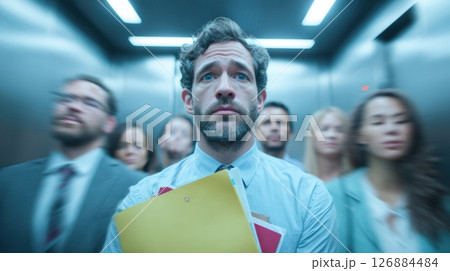 Worried Businessman Standing in an Elevator with Blurred People Around 126884484