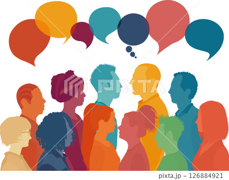 Silhouette heads faces to the side of group of multicultural people talking. Speech bubble. Communication between people Silhouette heads faces to the side of group of multicultural people talking. Speech bubble. Communication between people 126884921