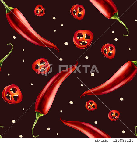 Red chilli pepper seamless pattern. Watercolor hand drawn cayenne, bell pepper spice isolated on transparent background. Salsa illustration. For designers, menu, decoration, food blog, ecofriendly 126885120