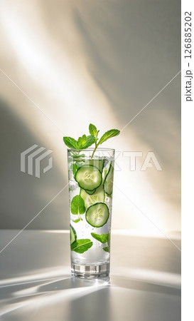 Fresh detox water with cucumber slices and mint leaves served in a tall clear glass, styled with clean natural lighting.  126885202