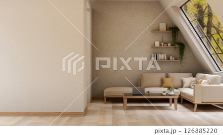 The set of wooden table and fabric sofa under roof window in the bright room corner. House Interior. The set of wooden table and fabric sofa under roof window in the bright room corner. House Interior. 126885220