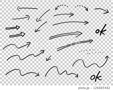 手描きの矢印とOKサイン、油性マジックで書いた伸び伸びとした線 手描きの矢印とOKサイン、油性マジックで書いた伸び伸びとした線 126885482