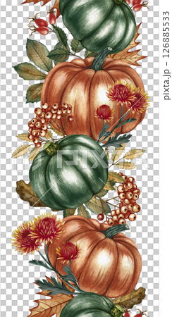 Seamless autumn border with pumpkins and floral elements. Handmade watercolor illustrations in yellow and orange colors. For packaging, textiles, printing, wrapping paper, home decor and more. 126885533