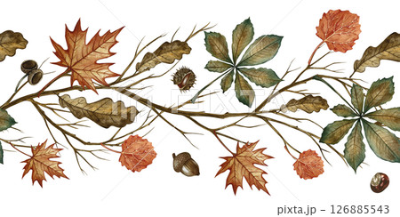 Seamless border with autumn different leaves and branches. Handmade watercolor illustration. Color image. Great for packaging, decor, textiles and more. Seamless border with autumn different leaves and branches. Handmade watercolor illustration. Color image. Great for packaging, decor, textiles and more. 126885543