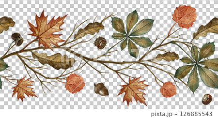 Seamless border with autumn different leaves and branches. Handmade watercolor illustration. Color image. Great for packaging, decor, textiles and more. Seamless border with autumn different leaves and branches. Handmade watercolor illustration. Color image. Great for packaging, decor, textiles and more. 126885543