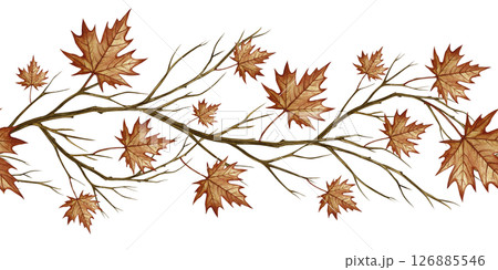 Seamless border with autumn maple leaves and branches. Handmade watercolor illustration. Color image. Great for packaging, decor, textiles and more. Seamless border with autumn maple leaves and branches. Handmade watercolor illustration. Color image. Great for packaging, decor, textiles and more. 126885546