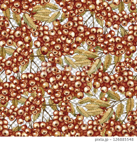 Seamless pattern with autumn berries and mountain ash leaves. Handmade watercolor illustration. Color image for packaging, decor, textiles, wallpaper and more. 126885548