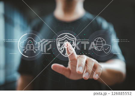 Finger pressing cybersecurity interface with cloud lock and global shield icons Finger pressing cybersecurity interface with cloud lock and global shield icons 126885552