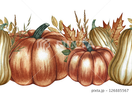 Seamless autumn border with pumpkins and floral elements. Handmade watercolor illustrations in yellow and orange colors. For packaging, textiles, wrapping paper, home decor and more. 126885567