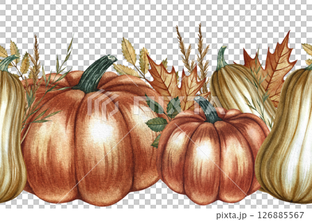 Seamless autumn border with pumpkins and floral elements. Handmade watercolor illustrations in yellow and orange colors. For packaging, textiles, wrapping paper, home decor and more. 126885567