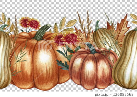 Seamless autumn border with pumpkins and floral elements. Handmade watercolor illustrations in yellow and orange colors. For packaging, textiles, printing, wrapping paper, home decor and more. 126885568