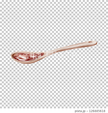 Ceramic dessert spoon peach minimalist watercolor painting with red jam, isolated on white. Handmade tableware art with warm pastel tones, perfect for packaging, branding or kitchen decor 126885618