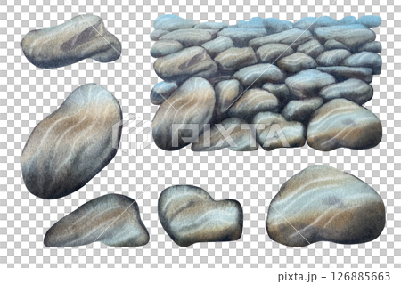 Seabed of underwater stones and separate rocks in brown-gray tones with soft textures, isolated on white background. Watercolor template for seamless borders, seascapes, backgrounds, game design 126885663