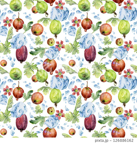 Gooseberry Currant berries flying in water splash with ice cubes dew drops flowers leaves, ripe garden juneberry casseille hand drawn in watercolor. Isolated seamless pattern. Craft drinks, grocery Gooseberry Currant berries flying in water splash with ice cubes dew drops flowers leaves, ripe garden juneberry casseille hand drawn in watercolor. Isolated seamless pattern. Craft drinks, grocery 126886162