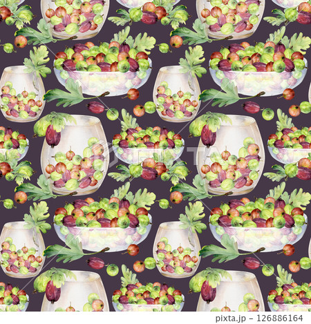 Gooseberry Currant berry leaves in glass bowls, served ripe picked harvest. Seamless pattern isolated on dark. Hand drawn in watercolor. Wrapping paper, gift packaging, scrapbooking decoupage backdrop Gooseberry Currant berry leaves in glass bowls, served ripe picked harvest. Seamless pattern isolated on dark. Hand drawn in watercolor. Wrapping paper, gift packaging, scrapbooking decoupage backdrop 126886164