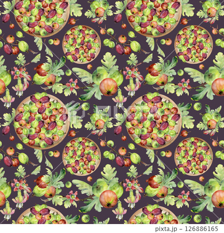 Gooseberry Currant on ceramic dish, scattered huckleberry berries leaves hand drawn in watercolor, ripe picked harvest. Seamless pattern isolated on dark. Cafe menu, cookbook, farmers market grocery Gooseberry Currant on ceramic dish, scattered huckleberry berries leaves hand drawn in watercolor, ripe picked harvest. Seamless pattern isolated on dark. Cafe menu, cookbook, farmers market grocery 126886165