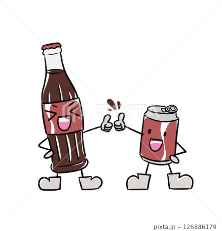 Hand drawing cartoon of Cola bottle and can cheering. It is a type of carbonated soft drink, often flavored with extracts from kola nuts and sweetened with sugar or artificial sweeteners Hand drawing cartoon of Cola bottle and can cheering. It is a type of carbonated soft drink, often flavored with extracts from kola nuts and sweetened with sugar or artificial sweeteners 126886179