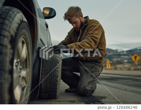 Mechanic changing a tire on a highway with ample space for text overlay 126886246